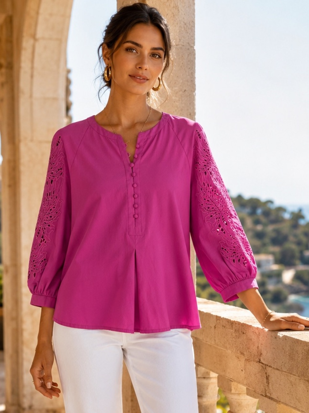 Max Mara Studio Laser Floral Embroidered Peasant Blouse Pink Small